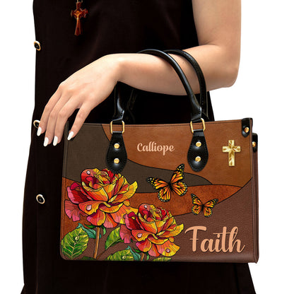 Faith Rose & Butterfly Leather Bag - Personalized Leather Bag With Handle for Christian Women