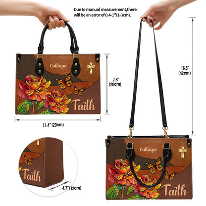 Faith Rose & Butterfly Leather Bag - Personalized Leather Bag With Handle for Christian Women