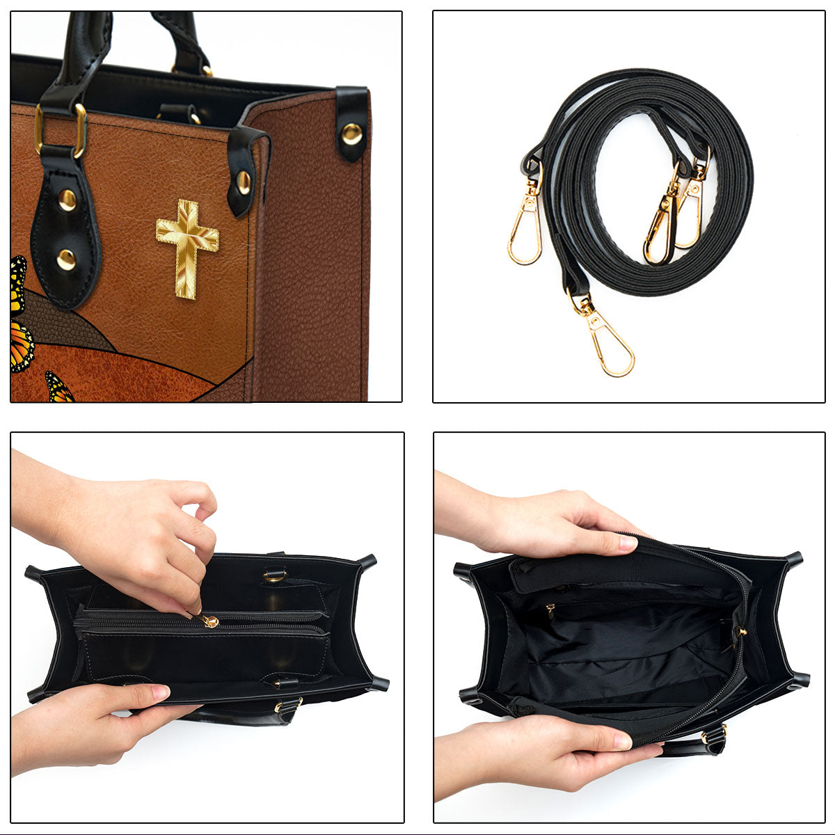 Faith Rose & Butterfly Leather Bag - Personalized Leather Bag With Handle for Christian Women