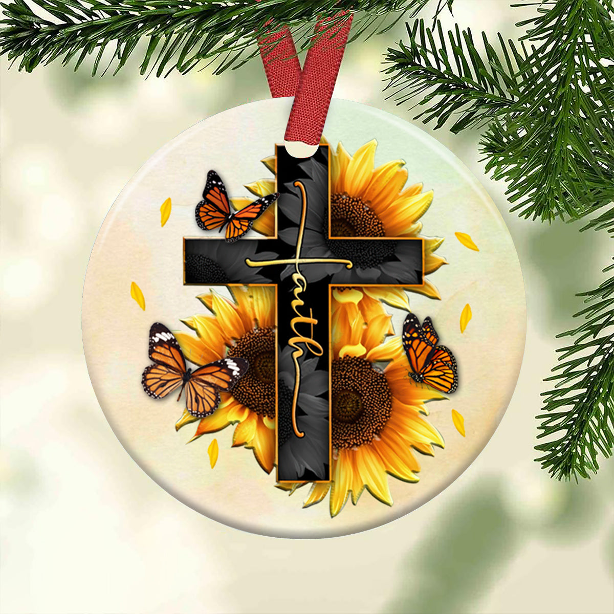 Faith Sunflower Butterfly Ceramic Circle Ornament - Decorative Ornament - Christmas Ornament