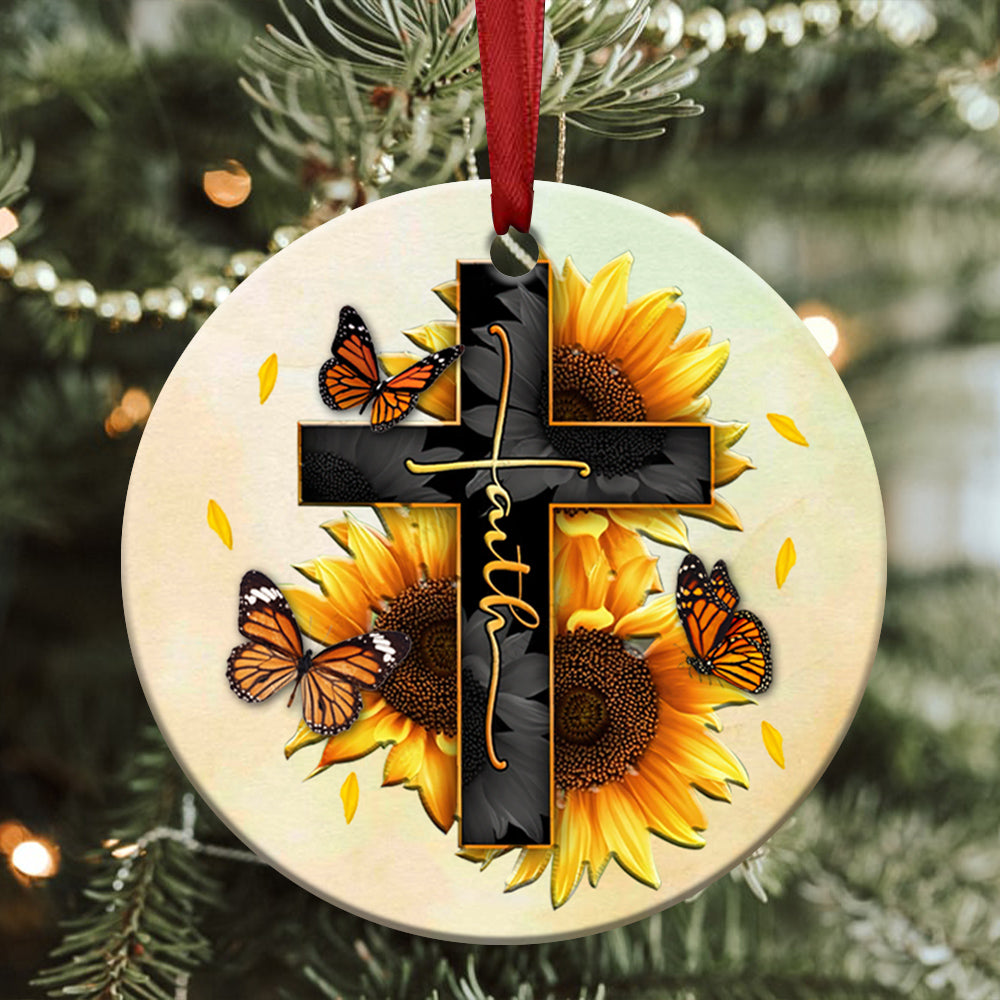 Faith Sunflower Butterfly Ceramic Circle Ornament - Decorative Ornament - Christmas Ornament