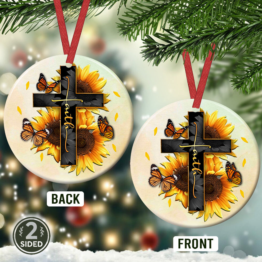 Faith Sunflower Butterfly Ceramic Circle Ornament - Decorative Ornament - Christmas Ornament