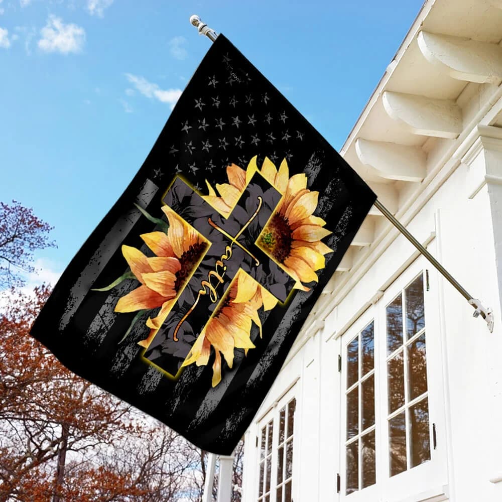 Faith Sunflower Christian Cross House Flags - Christian Garden Flags - Outdoor Christian Flag