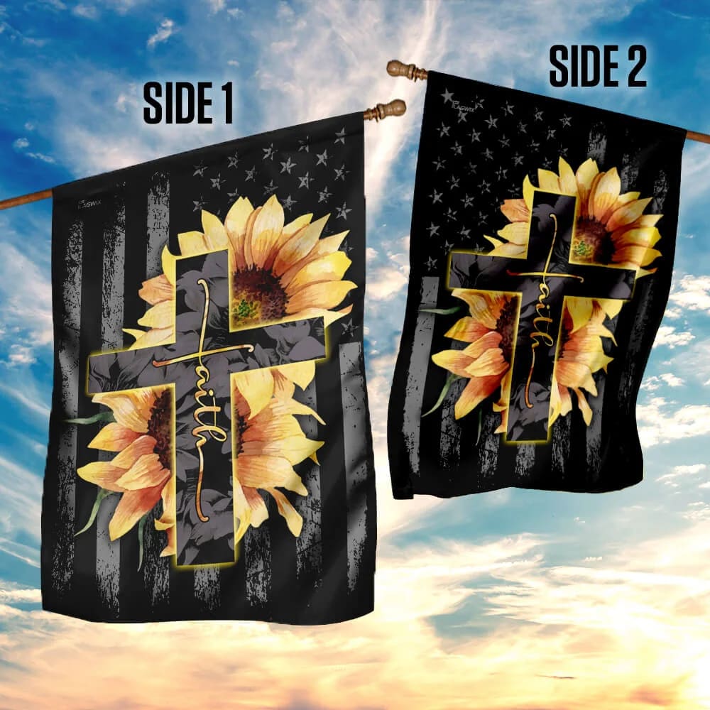 Faith Sunflower Christian Cross House Flags - Christian Garden Flags - Outdoor Christian Flag