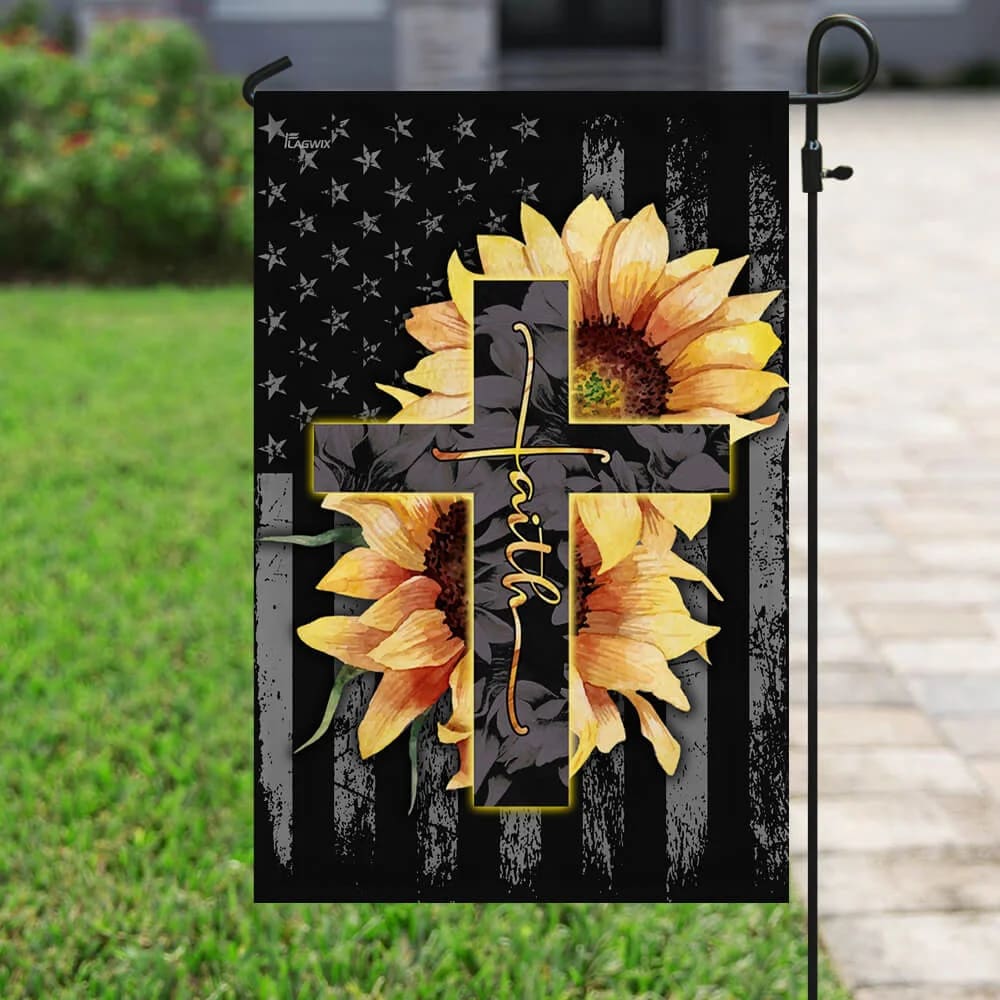 Faith Sunflower Christian Cross House Flags - Christian Garden Flags - Outdoor Christian Flag