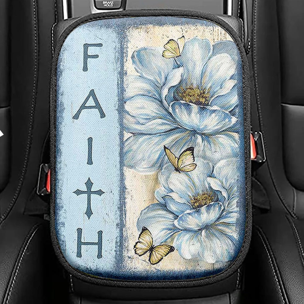 Faith White Flower Pretty Butterfly Seat Box Cover, Bible Verse Car Center Console Cover, Christian Inspirational Car Interior Accessories