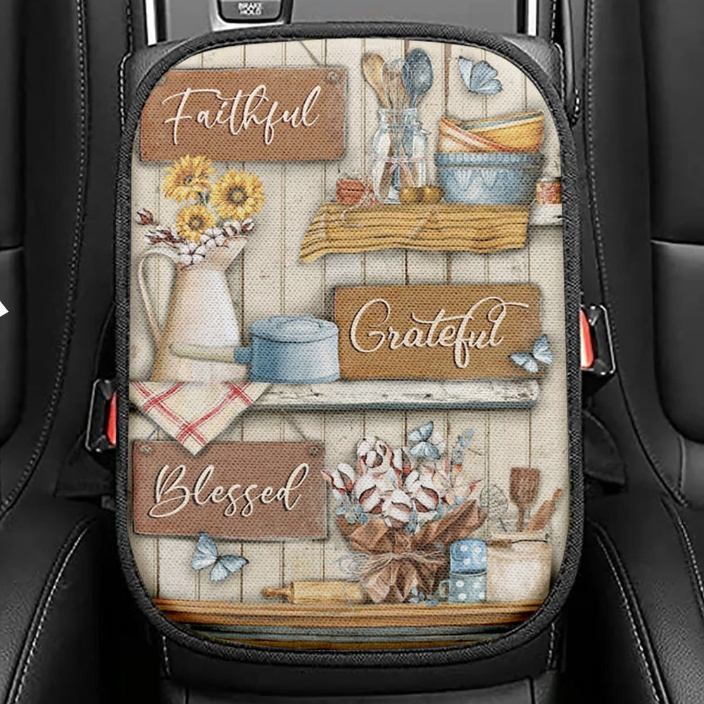 Faithful Grateful Blessed Flower Butterfly Seat Box Cover, Christian Car Center Console Cover, Religious Car Interior Accessories