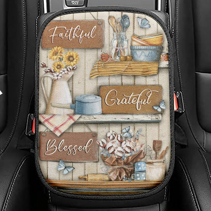 Faithful Grateful Blessed Flower Butterfly Seat Box Cover, Christian Car Center Console Cover, Religious Car Interior Accessories