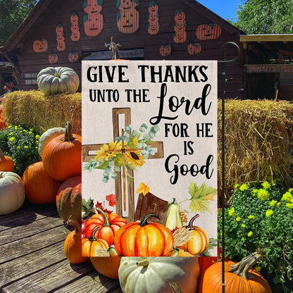 Fall Cross Sunflowers Pumpkins Give Thanks Unto The Lord For He Is Good Flag