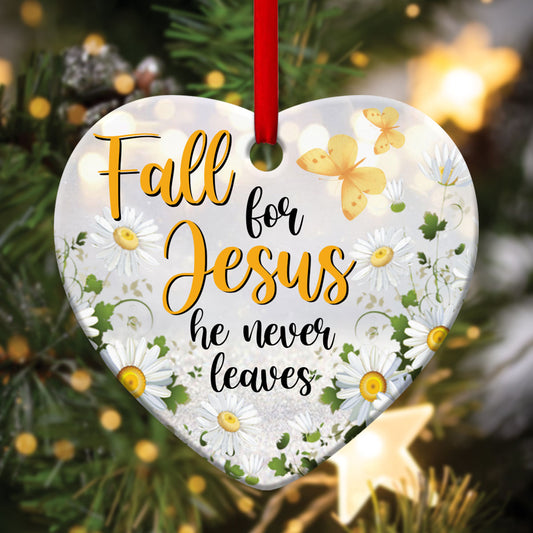 Fall For Jesus - Chamomile Ceramic Heart Ornament - Christmas Decor - Funny Ornament
