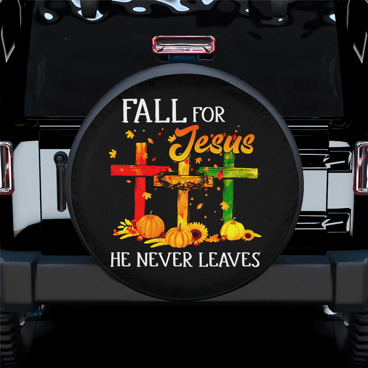 Fall For Jesus He Never Leaves - Spare Tire Cover - Cross Autumn Wheel Cover Autumn Pumpkin Sunflower