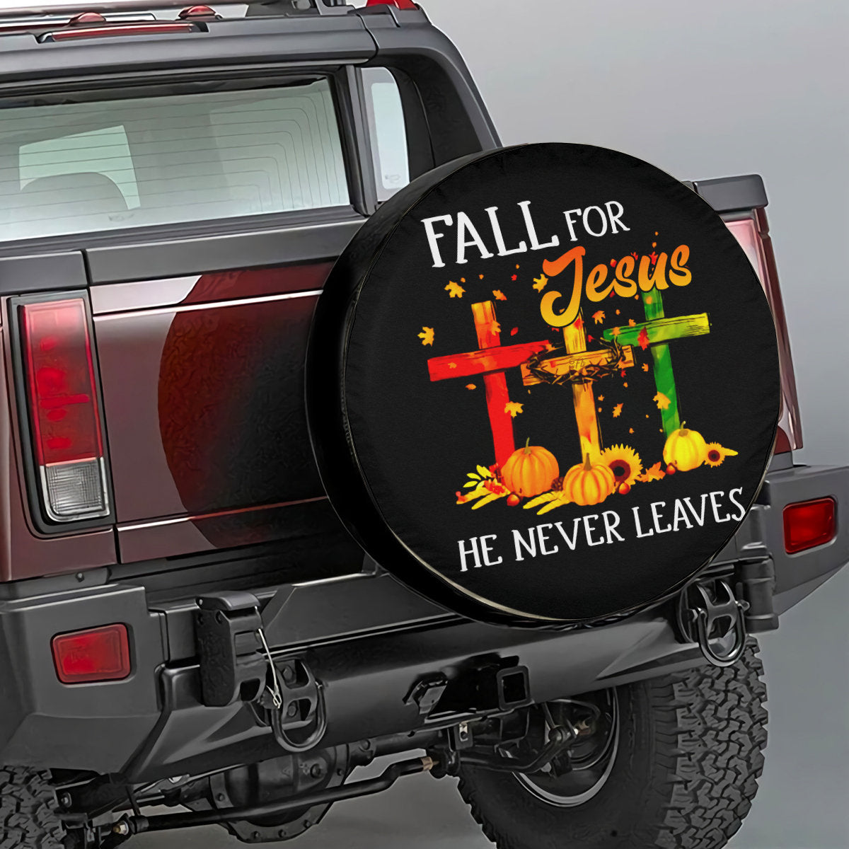 Fall For Jesus He Never Leaves - Spare Tire Cover - Cross Autumn Wheel Cover Autumn Pumpkin Sunflower