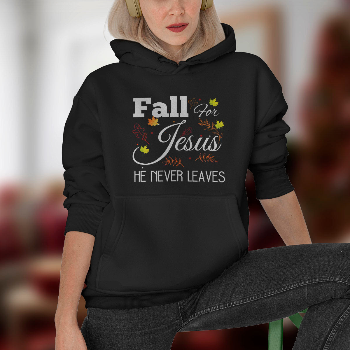 Fall For Jesus He Never Leaves Autumn Christian Gift Idea Long Sleeve T-Shirt