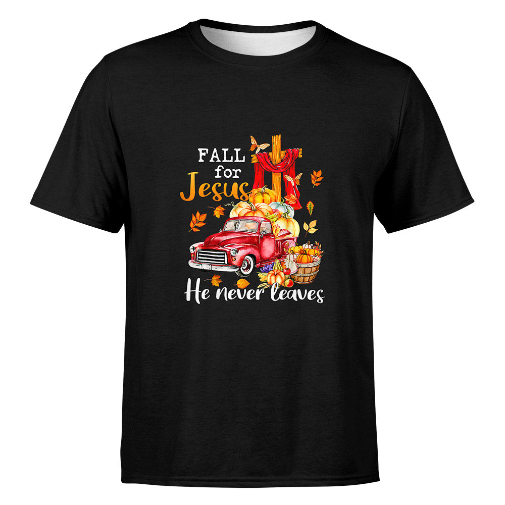 Fall For Jesus He Never Leaves Autumn Christian Prayer Thanksgiving T-Shirt