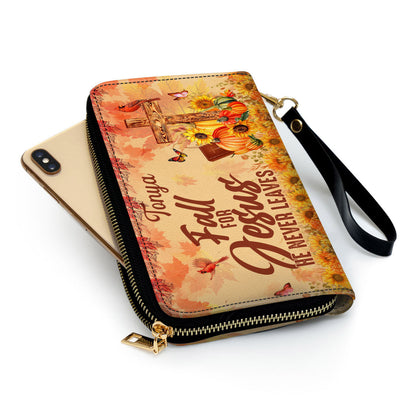 Fall For Jesus He Never Leaves Butterfly & Sunflower Clutch Purse For Women - Personalized Name - Christian Gifts For Women
