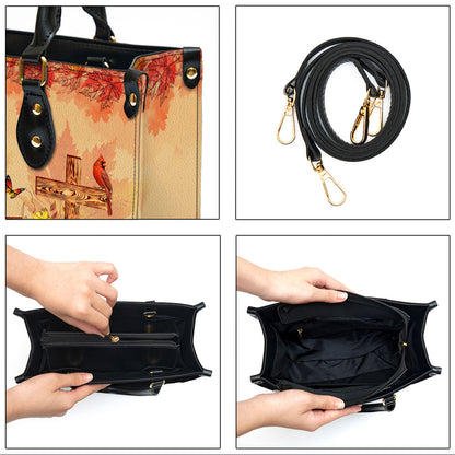Fall For Jesus He Never Leaves Cardinal & Sunflower Leather Bag - Personalized Leather Bag With Handle for Christian Women