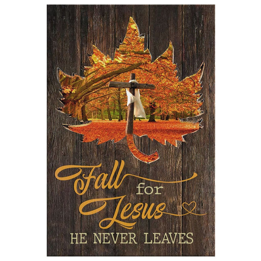 Fall For Jesus He Never Leaves Cross Autumn Leaves Canvas Wall Art - Christian Canvas Prints - Bible Verse Canvas