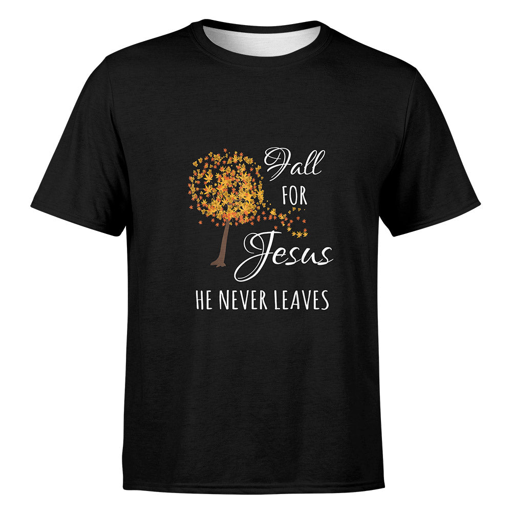 Fall For Jesus He Never Leaves Faith Autumn Thanksgiving T-Shirt