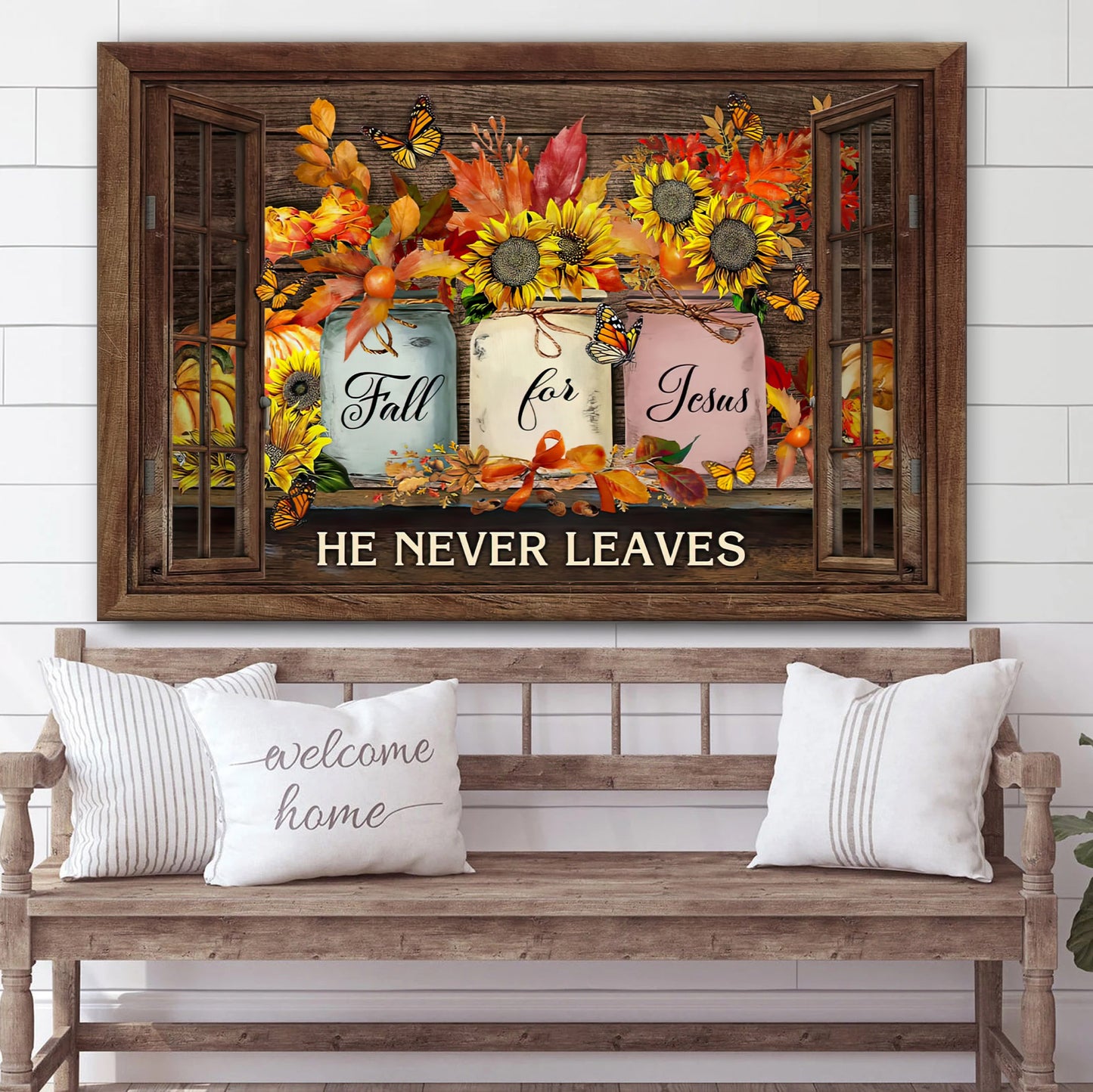Fall For Jesus He Never Leaves Thanksgiving Autumn Christian Wall Art Canvas - Wall Paintings