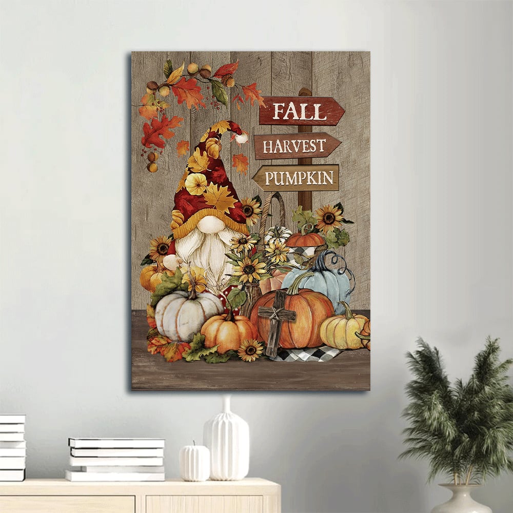 Fall Harvest Pumpkin Cute Gnome Canvas Wall Art - Autumn Season