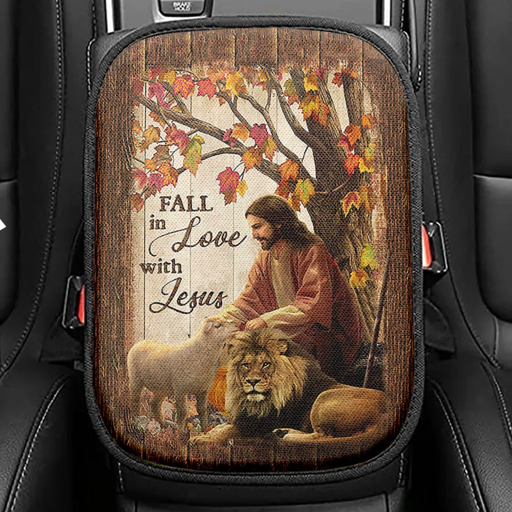 Fall In Love With Jesus Seat Box Cover, Jesus Lion Of Judah White Lamb Car Center Console Cover, Christian Car Interior Accessories