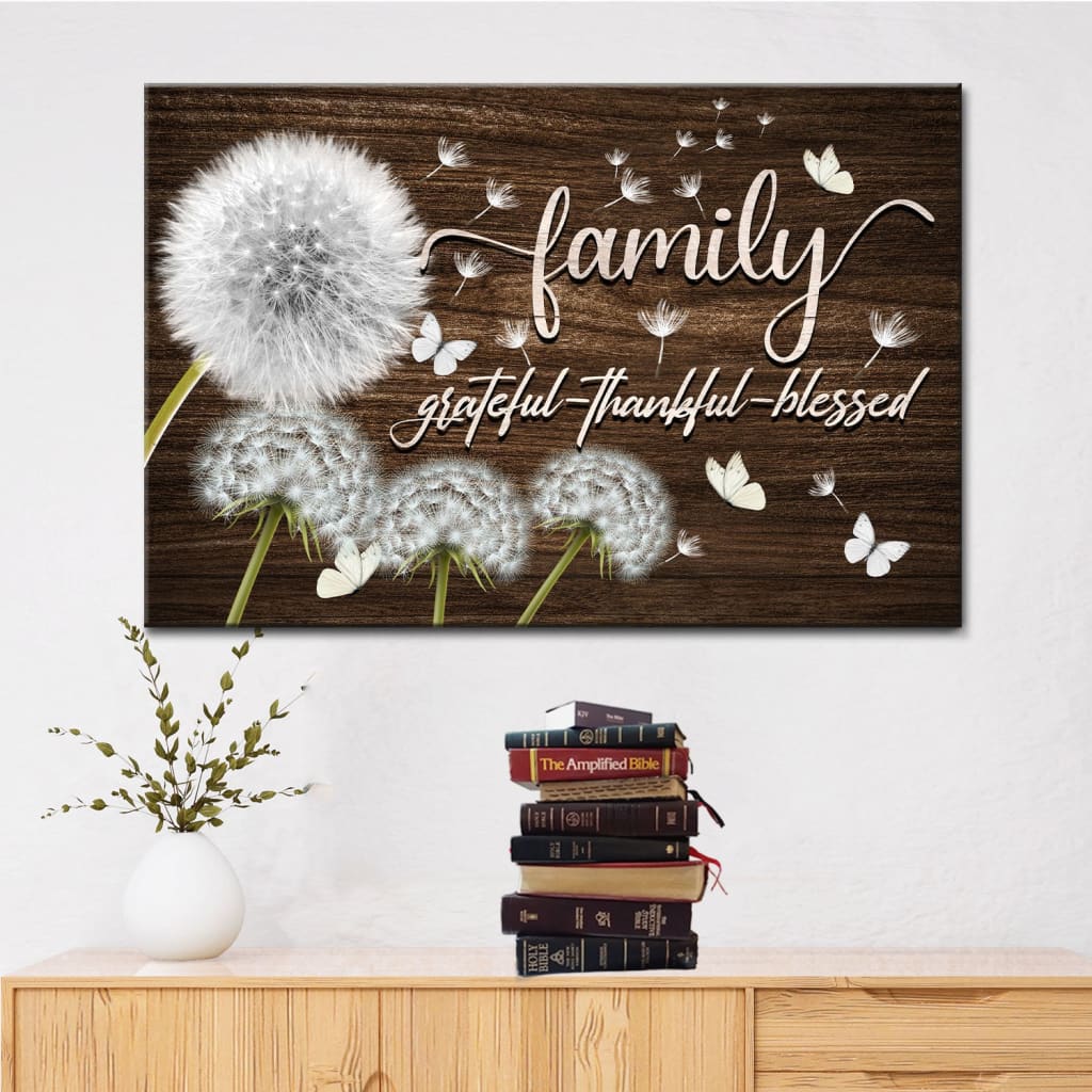 Family Grateful Thankful Blessed Wall Art Canvas, Dandelions Christian Wall Decor - Religious Wall Decor