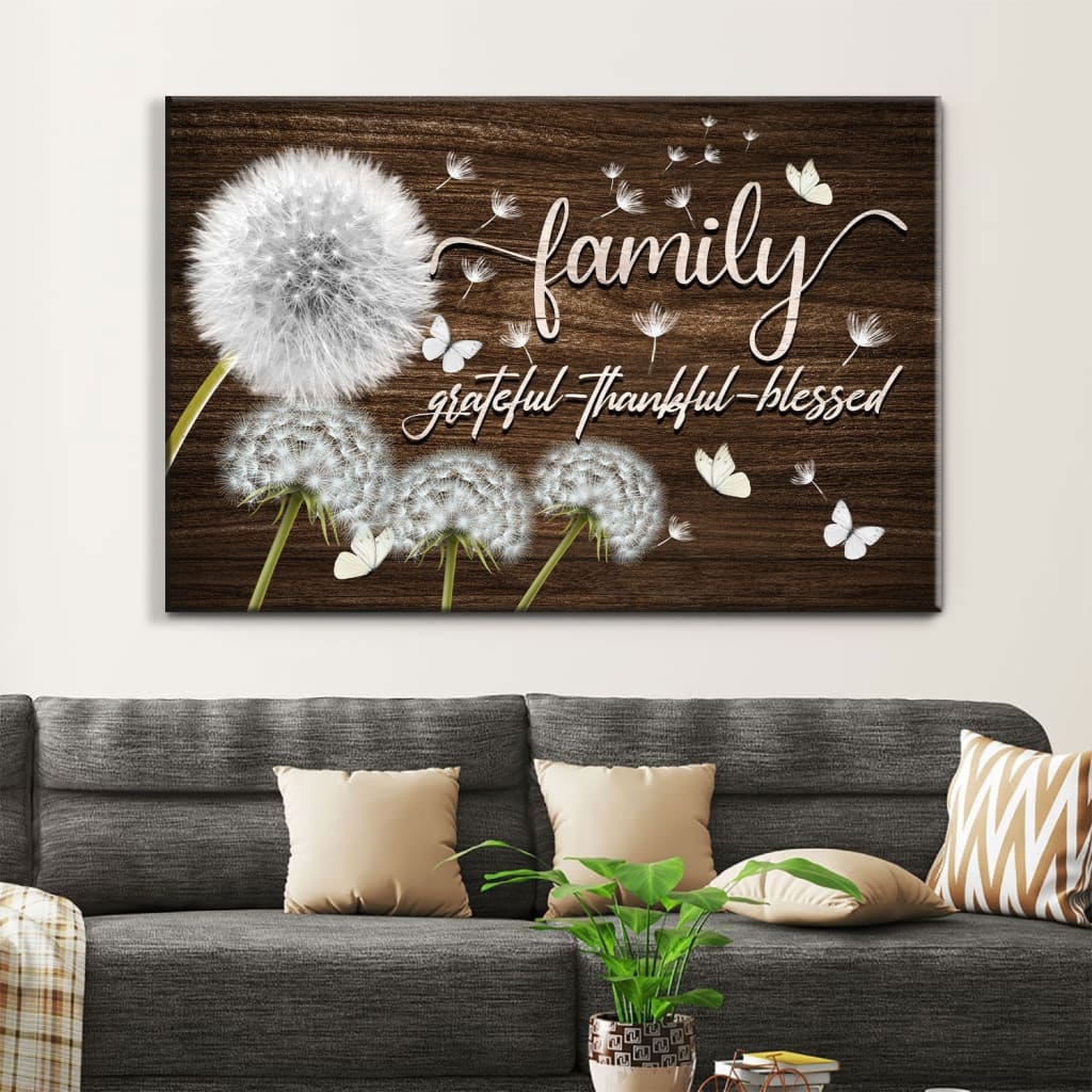 Family Grateful Thankful Blessed Wall Art Canvas, Dandelions Christian Wall Decor - Religious Wall Decor