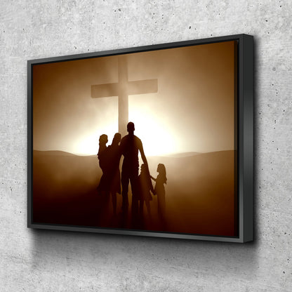 Family In Front Of Cross Wall Art - Christian Canvas Wall Art