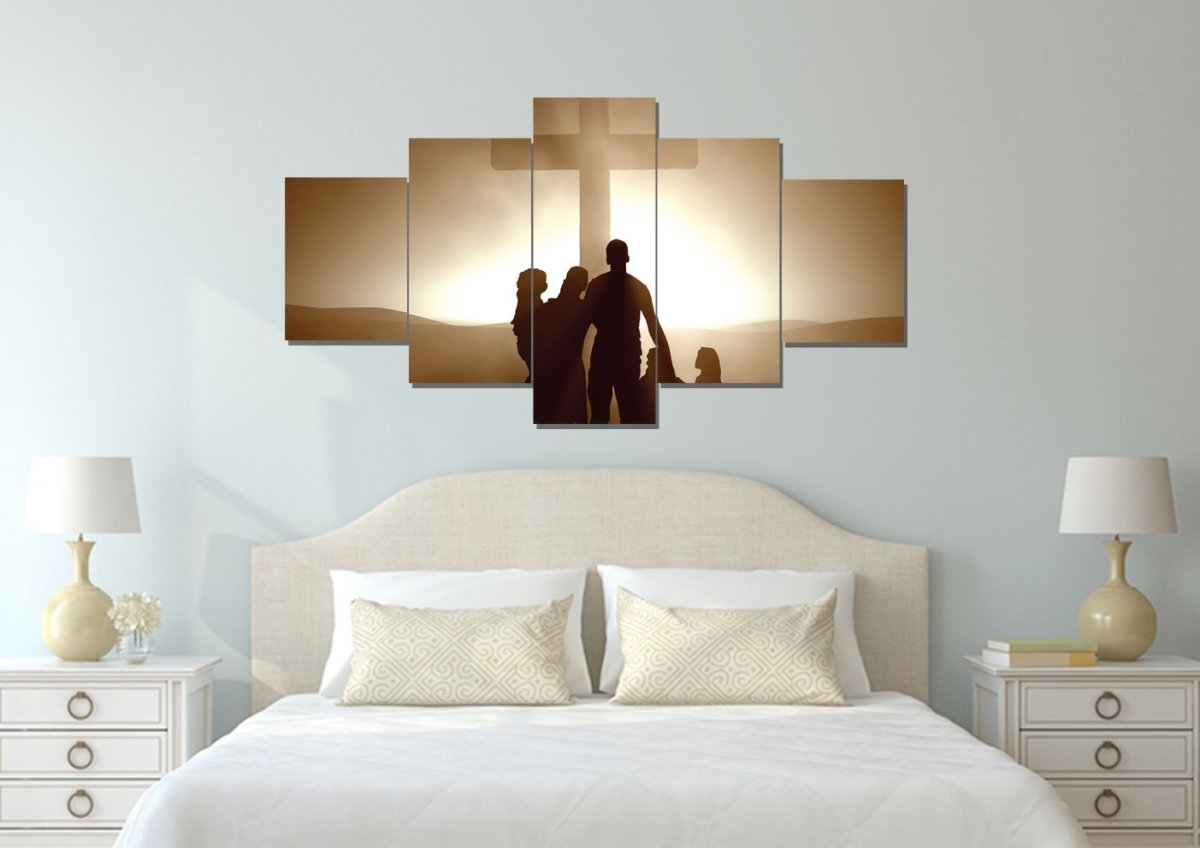 Family In Front Of Cross Wall Art - Christian Canvas Wall Art
