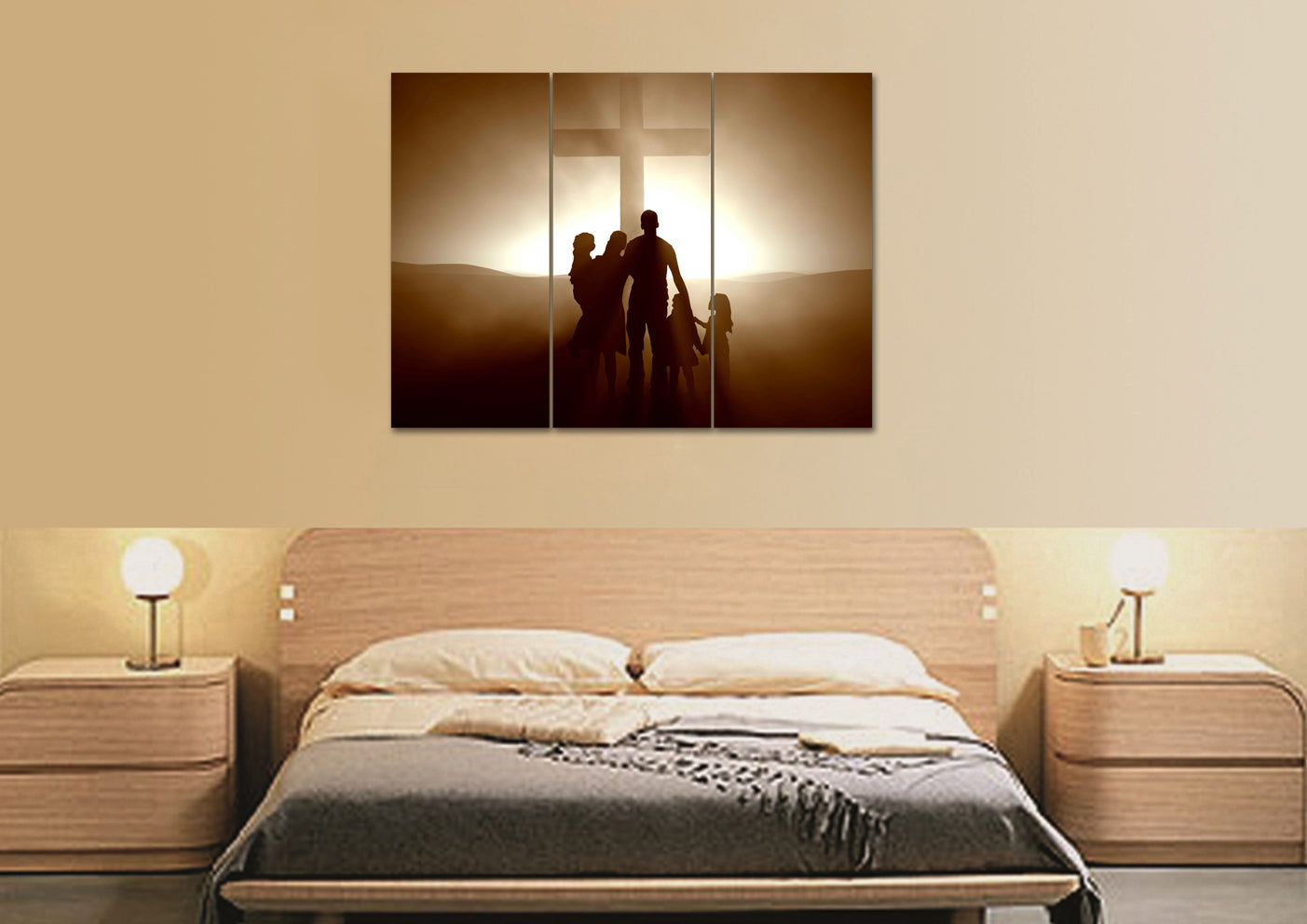 Family In Front Of Cross Wall Art - Christian Canvas Wall Art