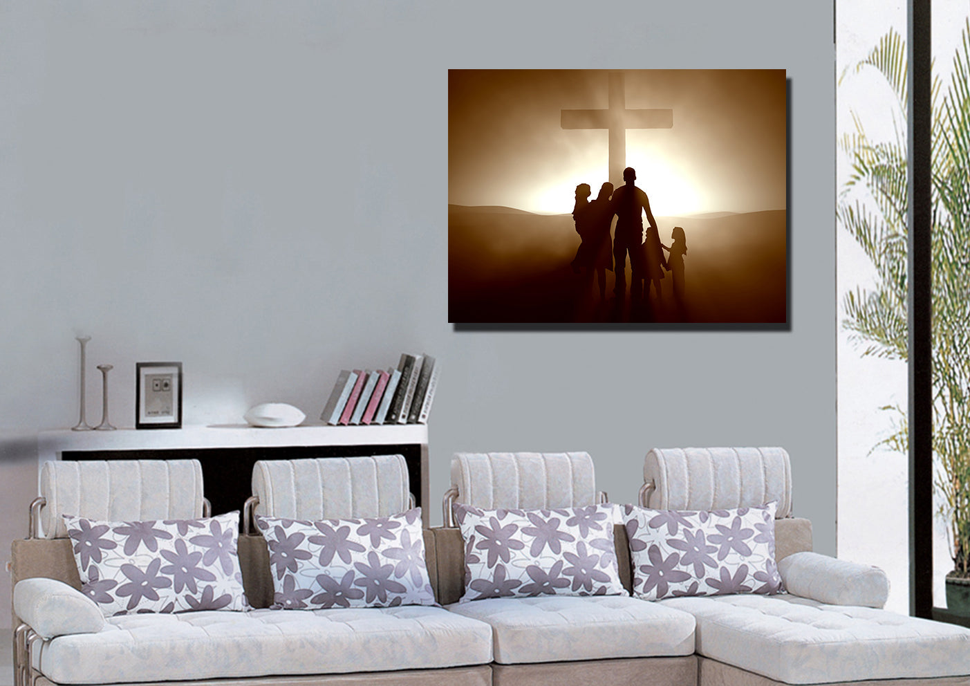Family In Front Of Cross Wall Art - Christian Canvas Wall Art