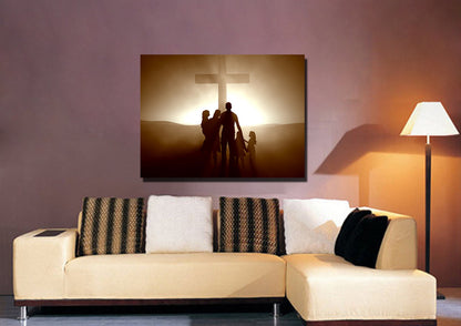 Family In Front Of Cross Wall Art - Christian Canvas Wall Art
