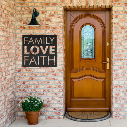 Family Love Faith Metal Sign - Christian Metal Wall Art - Religious Metal Wall Decor