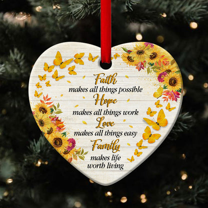 Family Makes Life Worth Living - Special Sunflower Ceramic Heart Ornament - Ornaments Hanging Gift