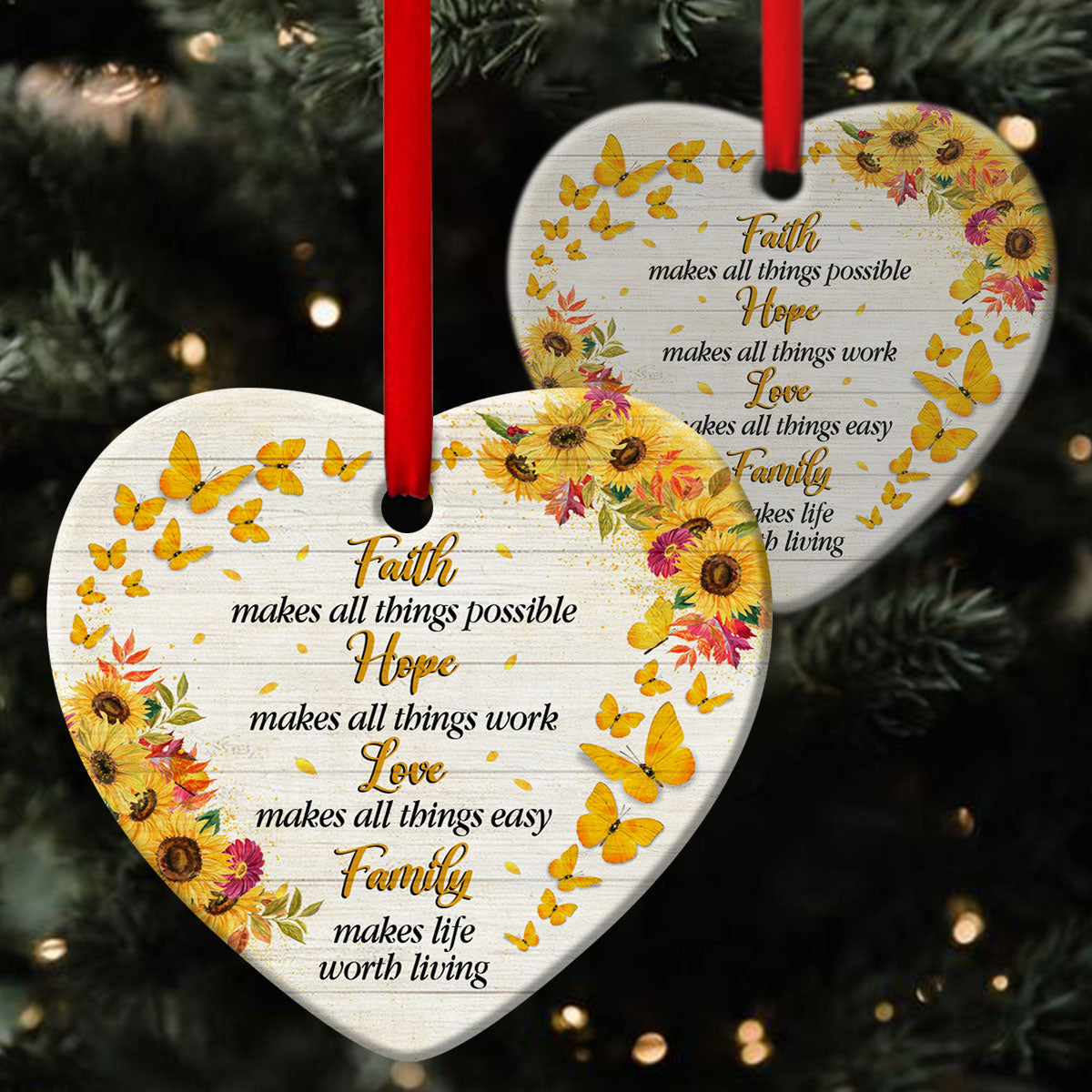 Family Makes Life Worth Living - Special Sunflower Ceramic Heart Ornament - Ornaments Hanging Gift