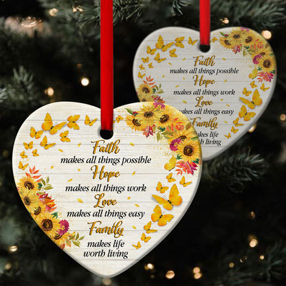 Family Makes Life Worth Living - Special Sunflower Ceramic Heart Ornament - Ornaments Hanging Gift