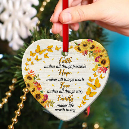 Family Makes Life Worth Living - Special Sunflower Ceramic Heart Ornament - Ornaments Hanging Gift