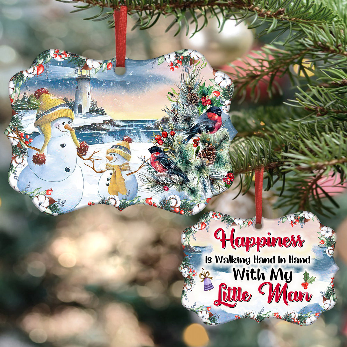 Family Mas Snowman Happiness Is Walking Hand In Hand With My Little Man Metal Ornament - Christmas Ornament - Christmas Gift