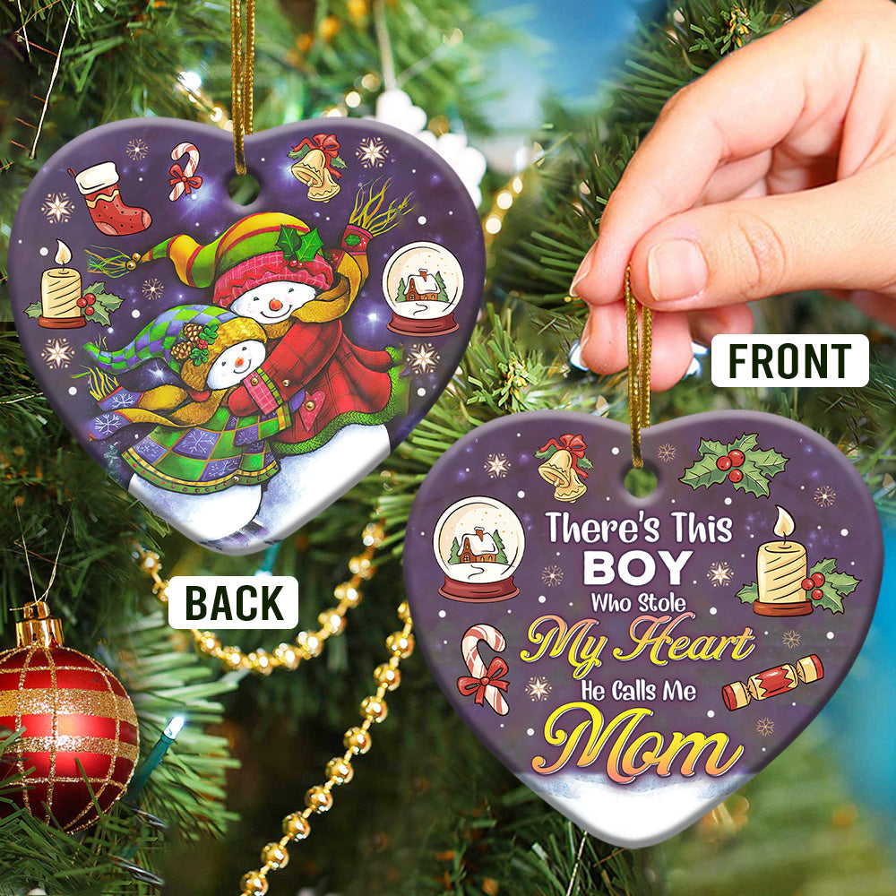 Family Mas Snowman There Is This Boy Who Stole My Heart Heart Ceramic Ornament - Christmas Ornament - Christmas Gift