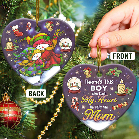 Family Mas Snowman There Is This Boy Who Stole My Heart Heart Ceramic Ornament - Christmas Ornament - Christmas Gift