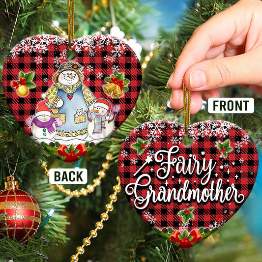 Family Snowman Fairy Grandmother With Two Grandkids Heart Ceramic Ornament - Christmas Ornament - Christmas Gift