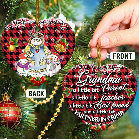 Family Snowman Grandma With Two Children Heart Ornament - Christmas Ornament - Ciaocustom