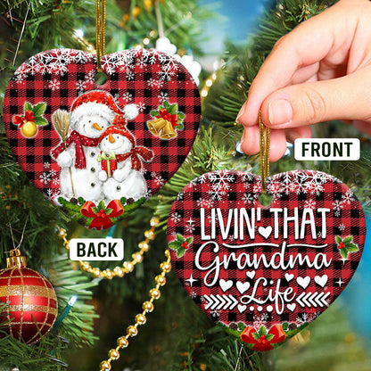 Family Snowman Livin That Grandma Life Heart Ceramic Ornament - Christmas Ornament - Christmas Gift