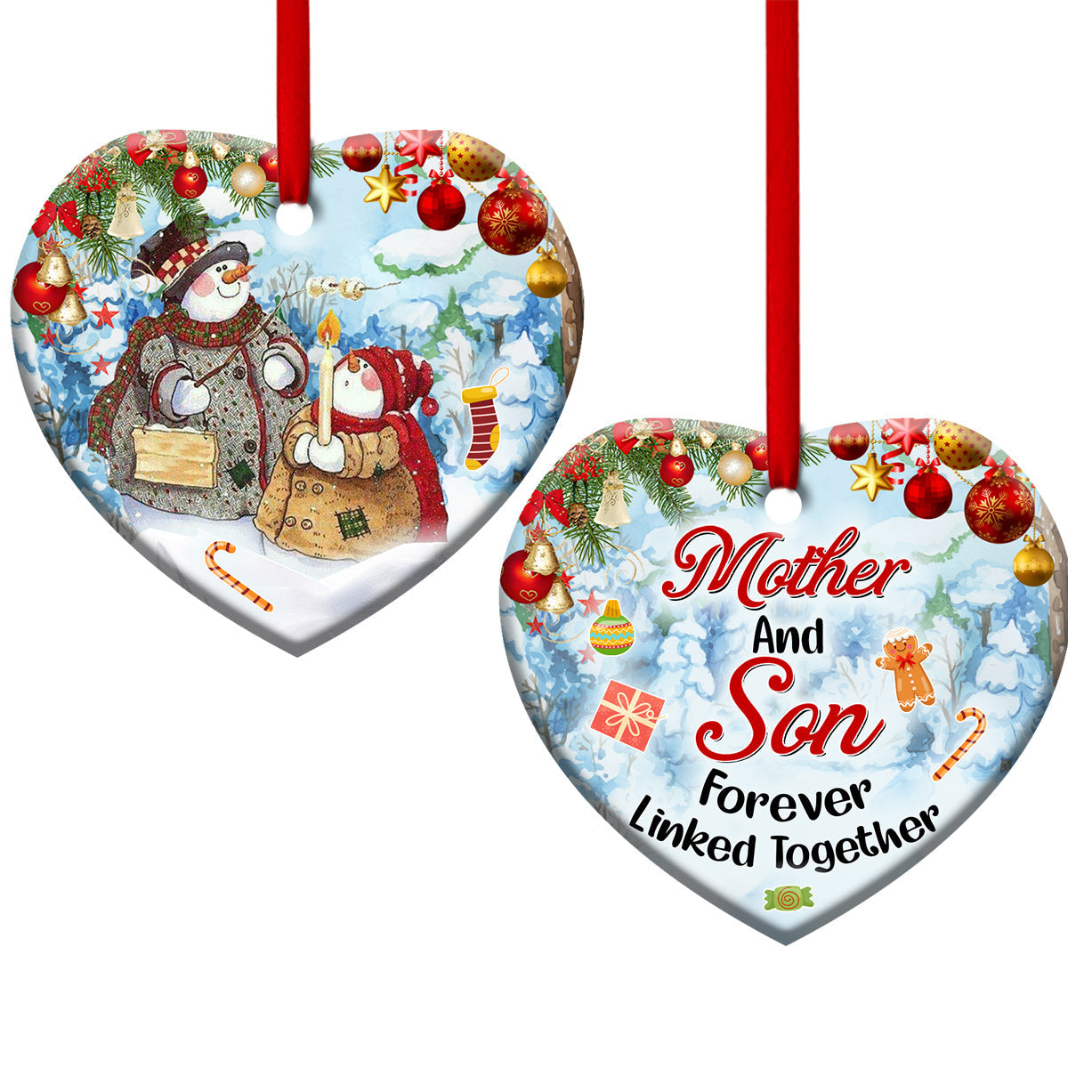 Family Snowman Mother And Son Forever Linked Together Heart Ceramic Ornament - Christmas Ornament - Christmas Gift