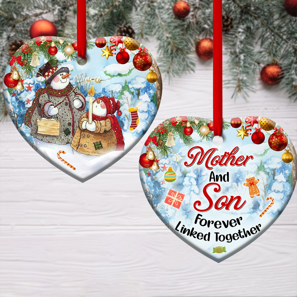 Family Snowman Mother And Son Forever Linked Together Heart Ceramic Ornament - Christmas Ornament - Christmas Gift