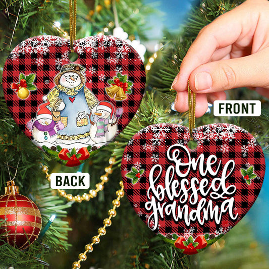 Family Snowman One Blessed Grandma With Two Grandkids Heart Ceramic Ornament - Christmas Ornament - Christmas Gift