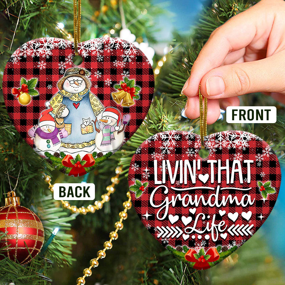 Family Snowman With Two Children Living That Grandma Life Heart Ceramic Ornament - Christmas Ornament - Christmas Gift