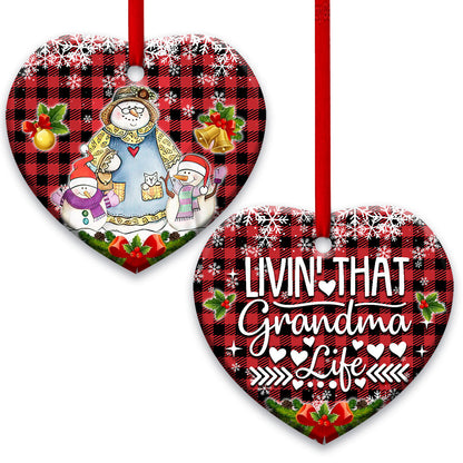 Family Snowman With Two Children Living That Grandma Life Heart Ceramic Ornament - Christmas Ornament - Christmas Gift