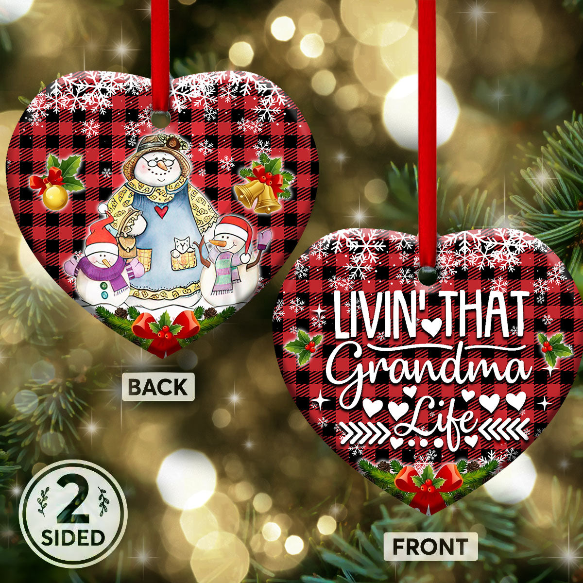 Family Snowman With Two Children Living That Grandma Life Heart Ceramic Ornament - Christmas Ornament - Christmas Gift