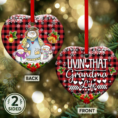 Family Snowman With Two Children Living That Grandma Life Heart Ceramic Ornament - Christmas Ornament - Christmas Gift